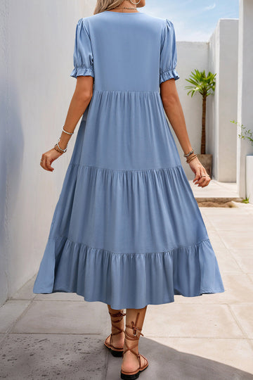 Grey Blue A Line V-Neck Long Summer Dress with Short Sleeves